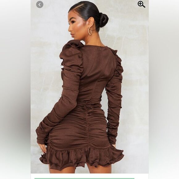 Prettylittlething chocolate frill shoulder twist bust ruched bodycon dress NWT - Picture 3 of 7